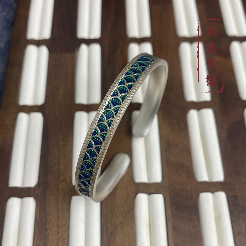 足银手镯 9999描金龙鳞手镯手工描金手镯复古手镯珐琅彩手镯80617