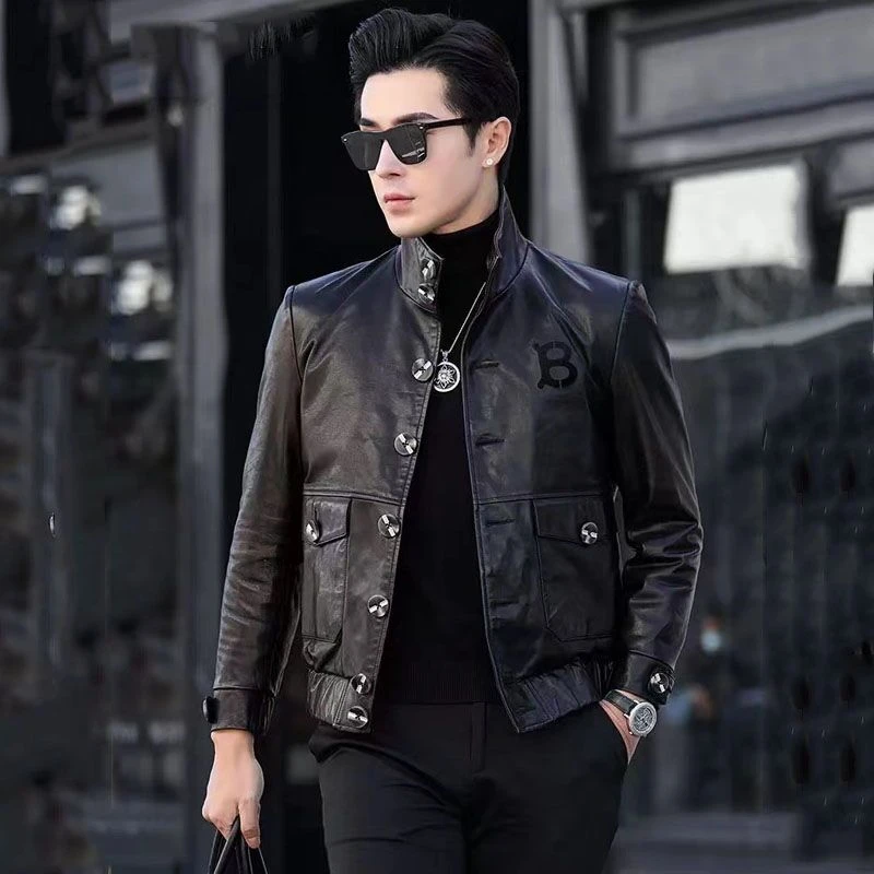 2025新款海宁真皮皮衣男头层绵羊皮油蜡复古立翻领青年夹克外套潮