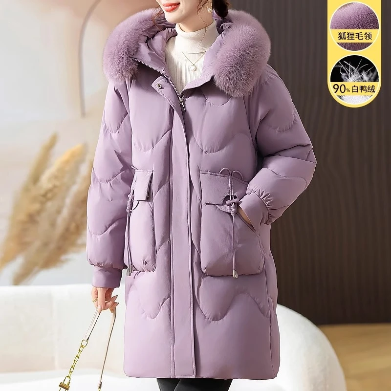 中老年羽绒服女中长款秋冬季新款大码时尚中年妈妈冬装外套白鸭绒