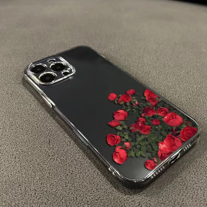 网红红玫瑰花朵iPhone15promax手机壳苹果11防摔透明硅胶13磨/14