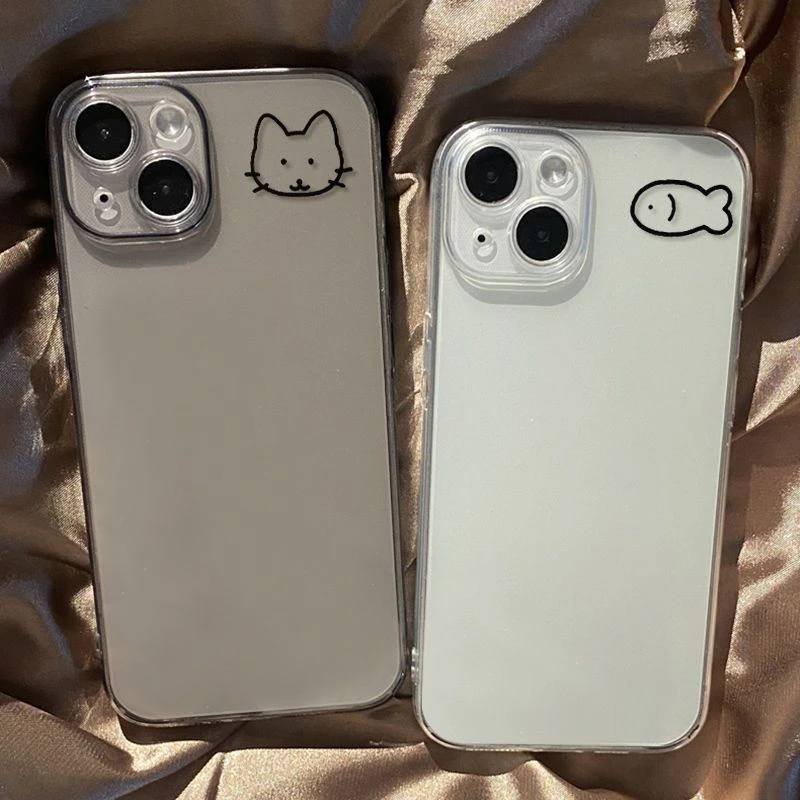 猫咪小鱼线条14promax手机壳11/14pro情侣壳12/15透明壳14/13软壳