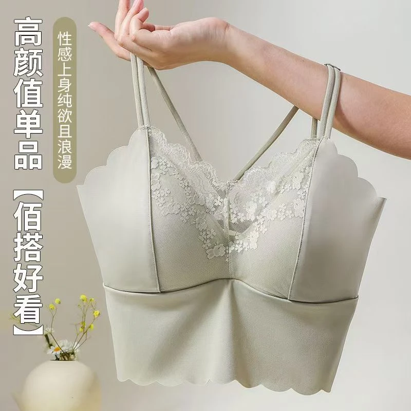 纯欲蕾丝美背内衣固定一体杯舒适聚拢无痕无钢圈收副乳女背心打底