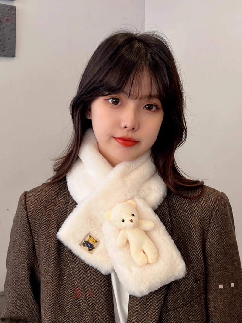 围巾女冬款2023新款百搭高级感毛绒白色可爱时尚卡通保暖小熊围脖