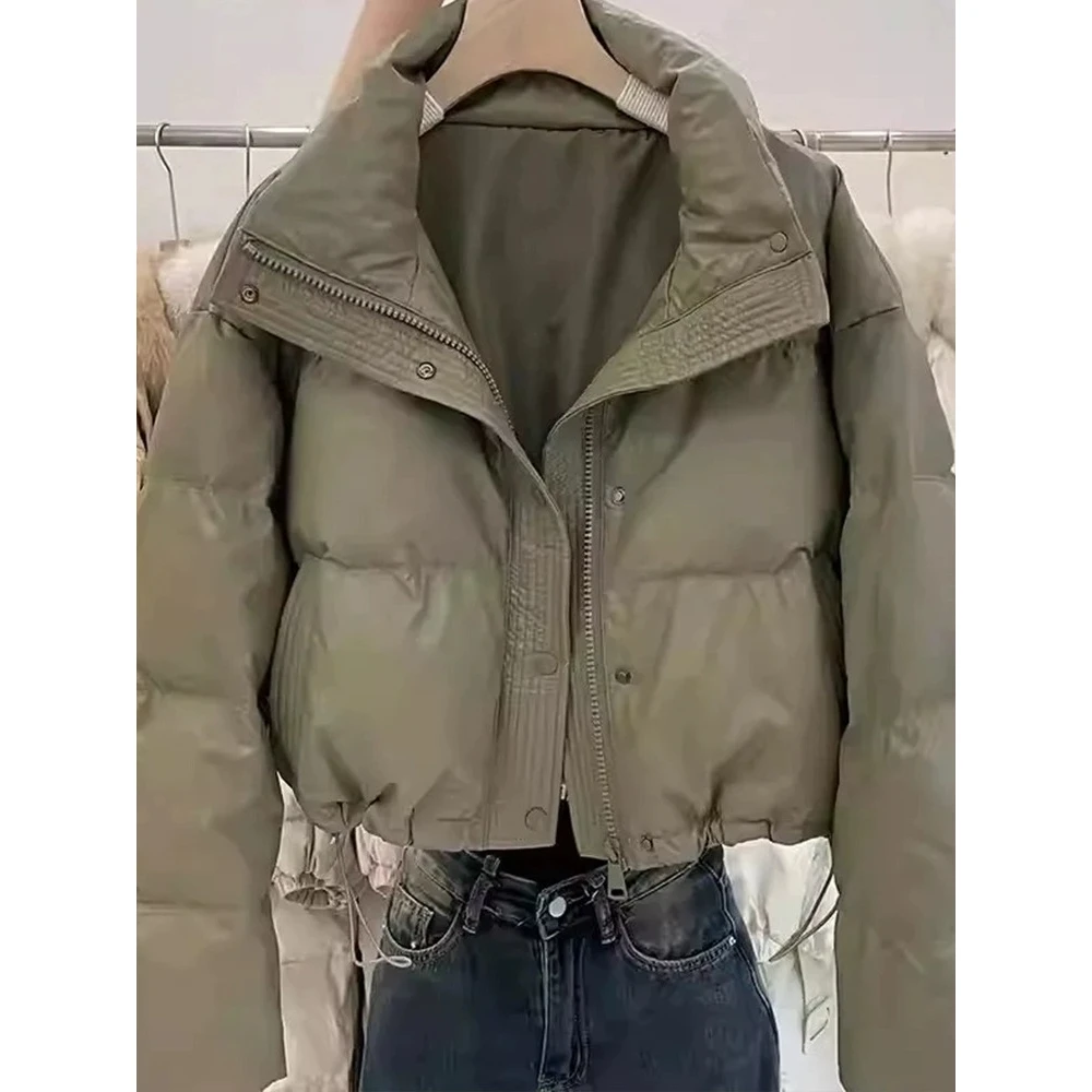 波司登2023冬季新款pu皮羽绒服女立领棉衣棉服短款小个子棉袄面包