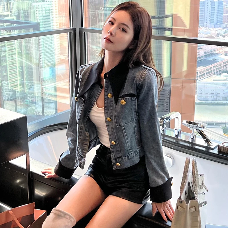 2500欧洲站春季新款欧货女装拼接短款牛仔外套女POLO领小个子夹克