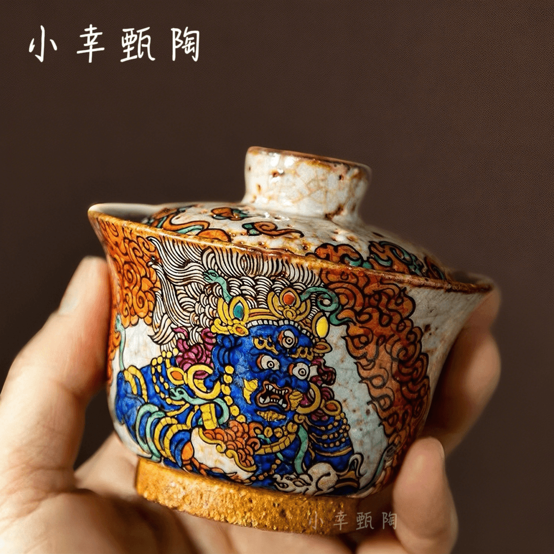 九觉堂志野柴烧手绘唐卡黑财神盖碗景德镇茶杯高档不烫手岩矿盖杯