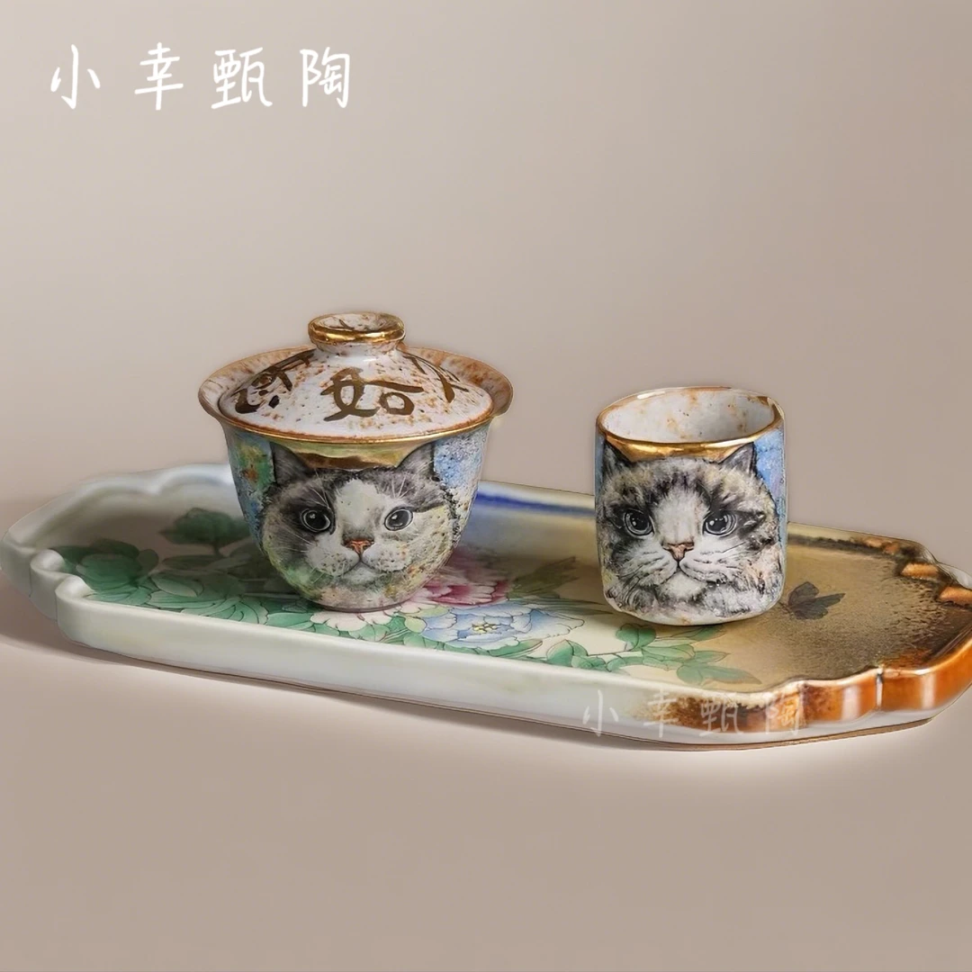 禾泥柴烧志野招财猫盖碗单个手绘萌猫描金复古家用茶具可养线开片