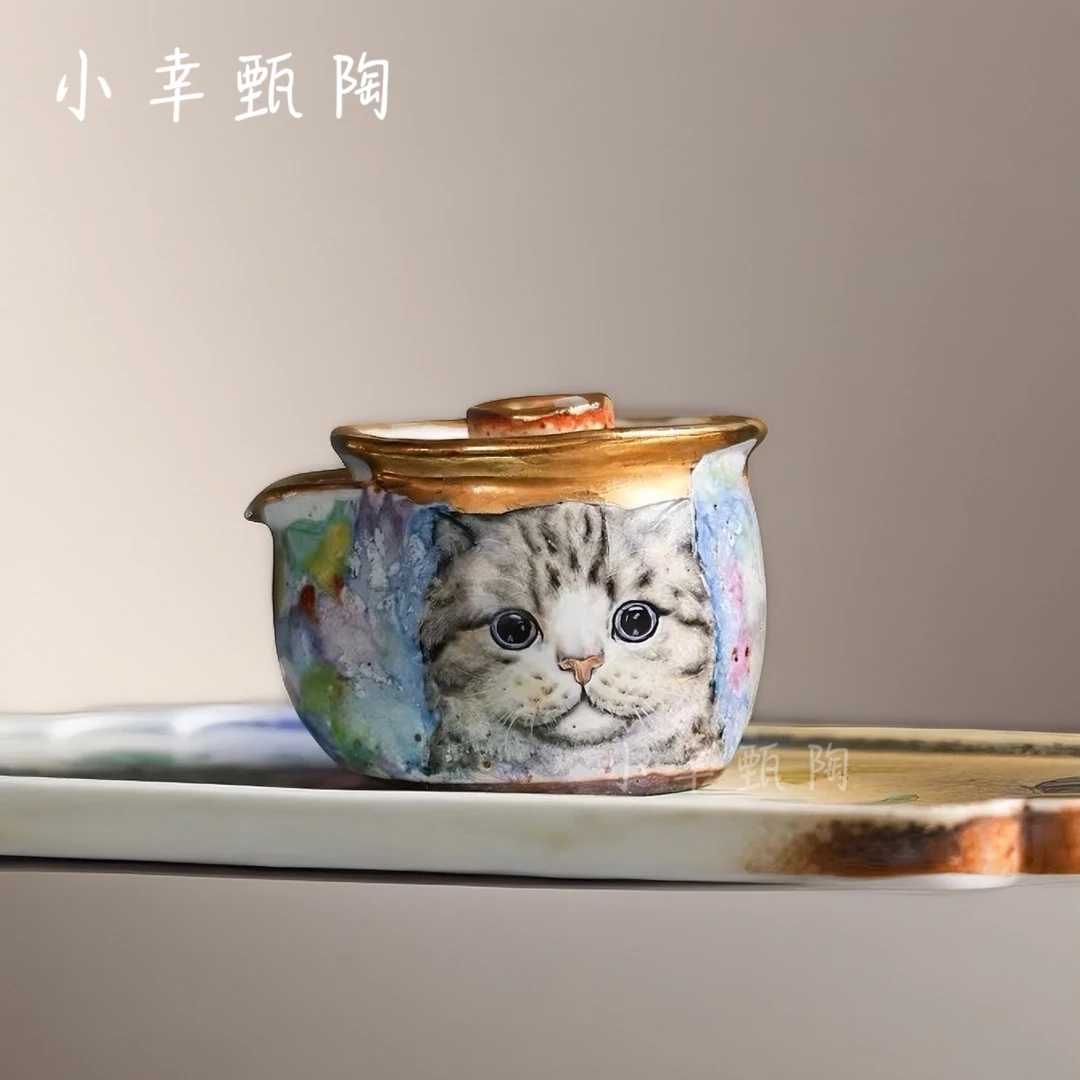 禾泥柴烧志野烧招财猫手抓壶宝瓶手绘萌猫描金家用泡茶壶可养开片