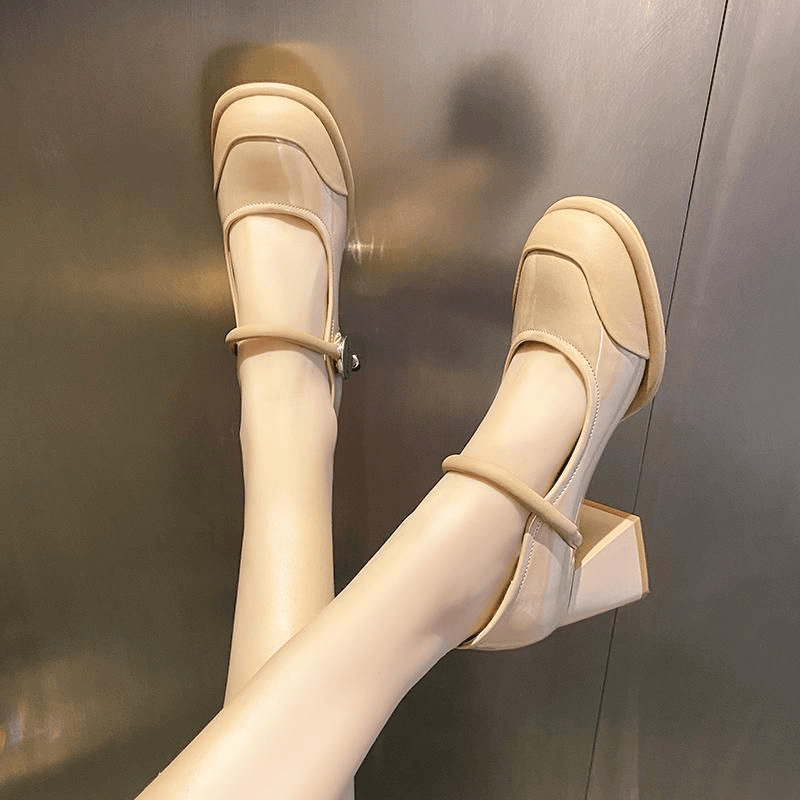 粗跟一字带中跟玛丽珍百搭高跟鞋小皮鞋2024春季新款亮皮圆头法式