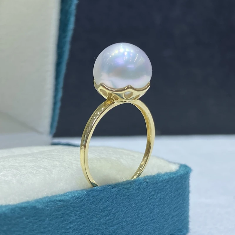 Tasidy海水珍珠戒指 澳白镜面光泽天然白色强光简约光面18K金镶嵌