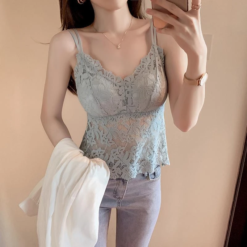 蕾丝吊带背心女带胸垫固定杯性感镂空美背内搭夏季新款打底无钢圈