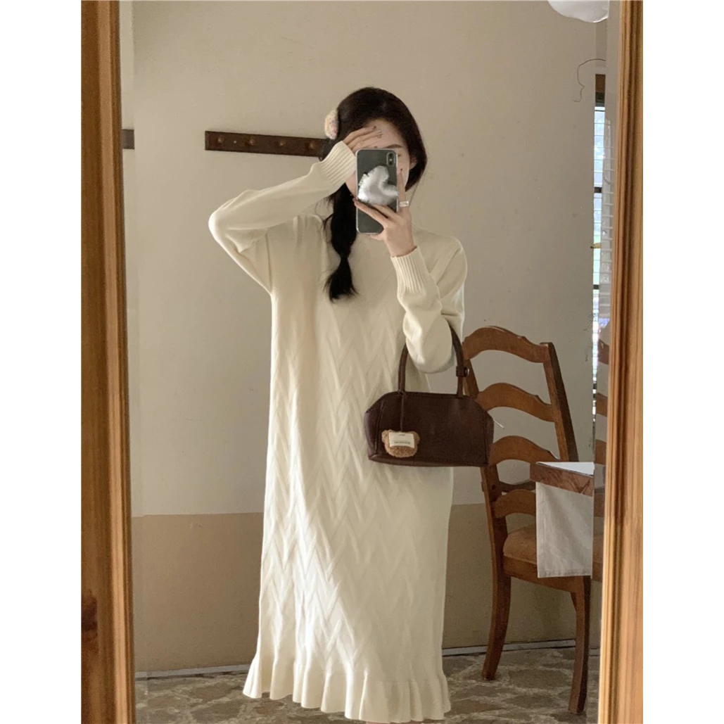 法式荷叶边长袖针织连衣裙女秋冬内搭半高领裙子#3015