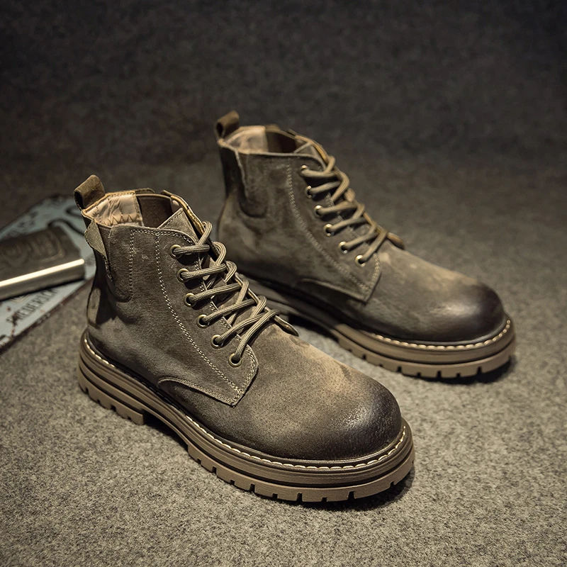马丁靴男士秋冬加绒英伦风厚底中帮户外高级感工装真皮高帮潮靴子