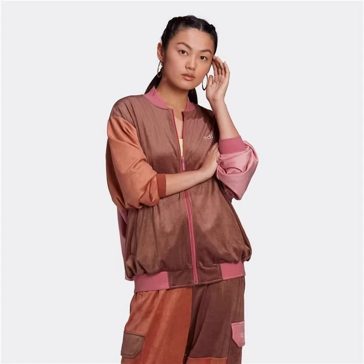 Adidas阿迪达斯三叶草女子复古拼接色丝绒棒球领运动服外套H33336