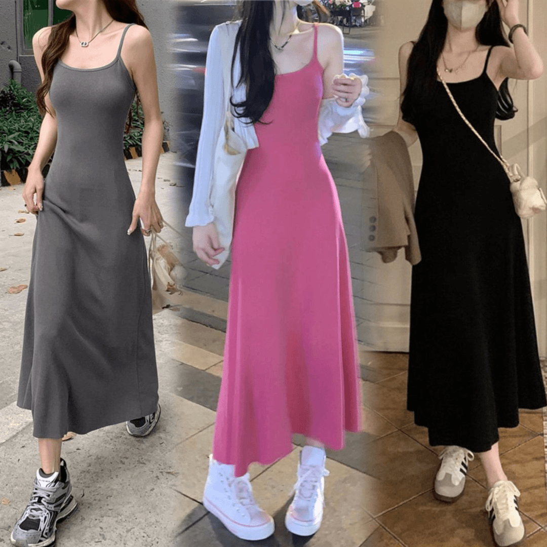 夏季时尚显瘦辣妹外穿收腰气质修身长裙新款玫红色吊带连衣裙女装