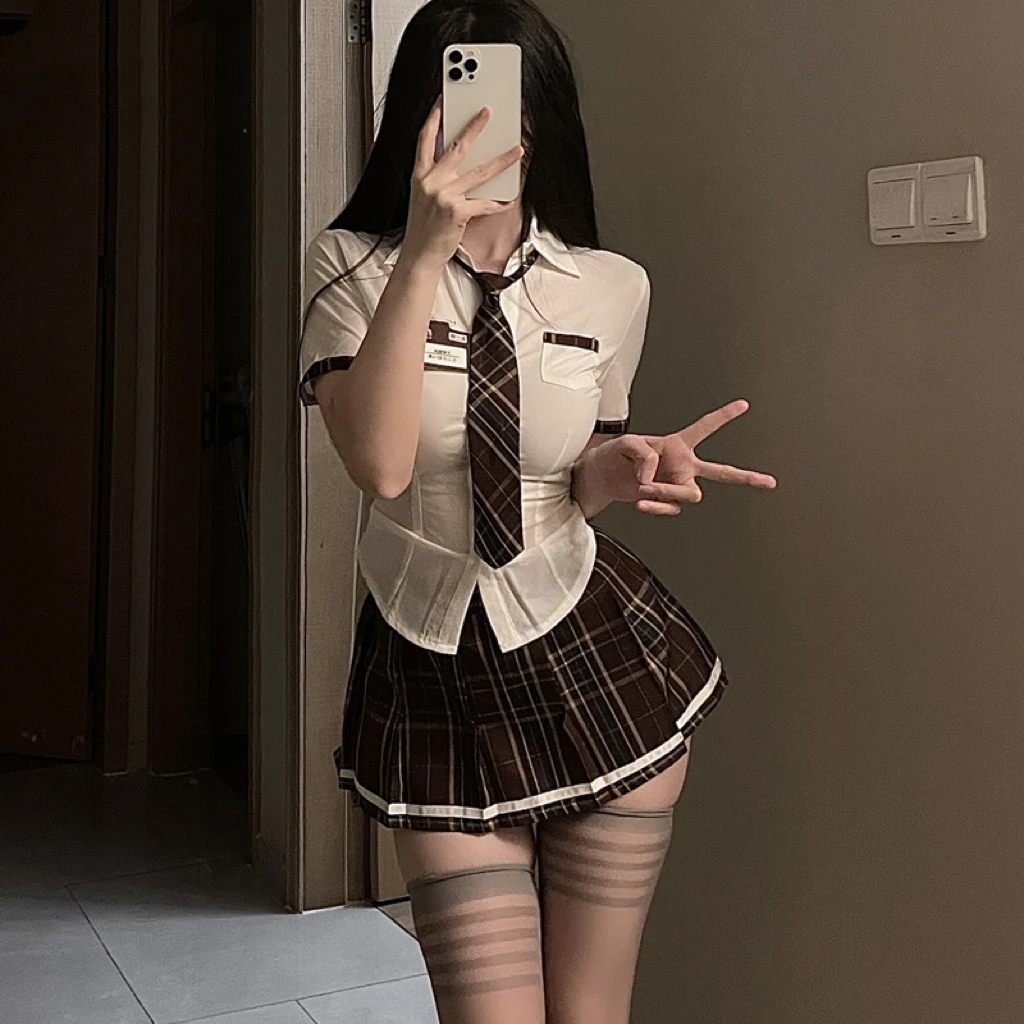 SC性感学生装制服诱惑短裙套装百褶学院学院风日系纯欲修身辣妹装