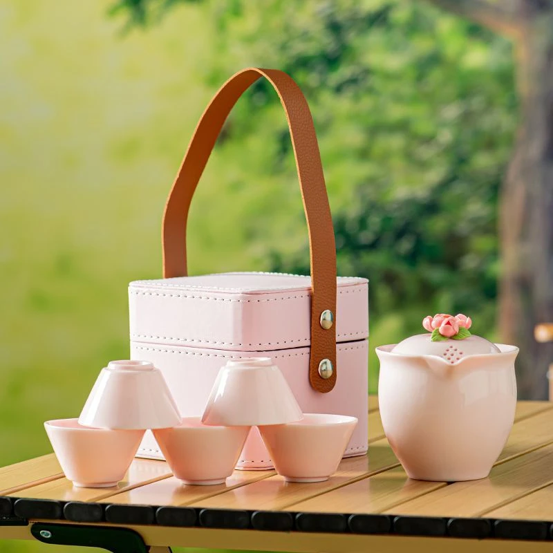 便携式旅行茶具小套装户外泡茶简约粉色原矿陶瓷一壶五杯车载套装