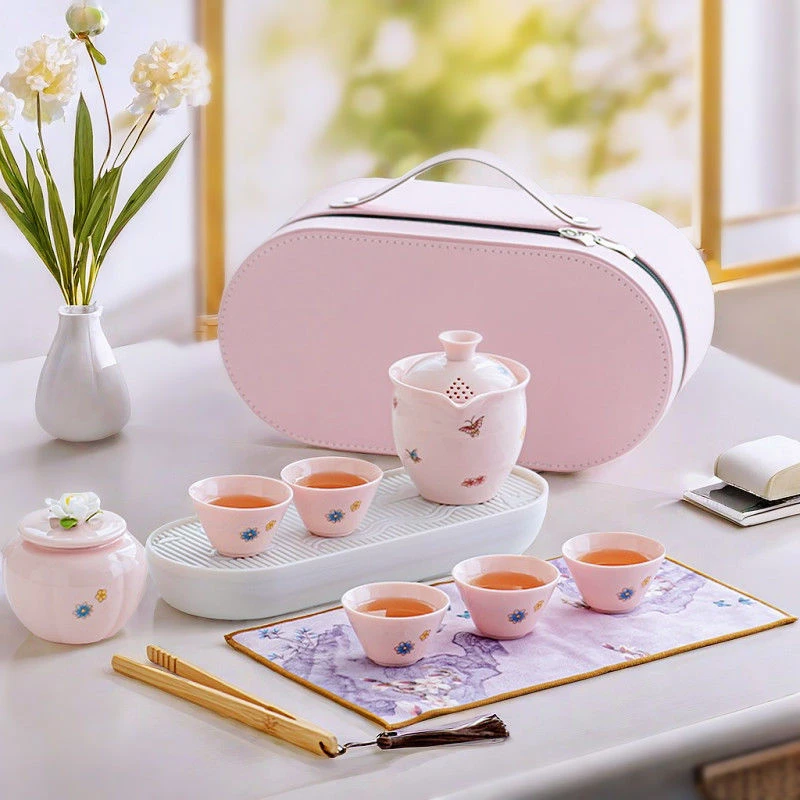 女士粉色快客杯一壶一杯五杯户外露营旅行茶具套装便携简约礼品