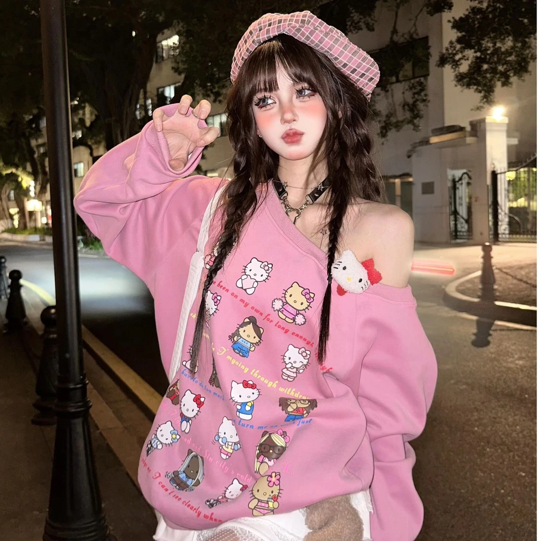 美式复古粉色斜肩加绒卫衣女秋冬卡通凯蒂猫印花宽松露肩辣妹上衣