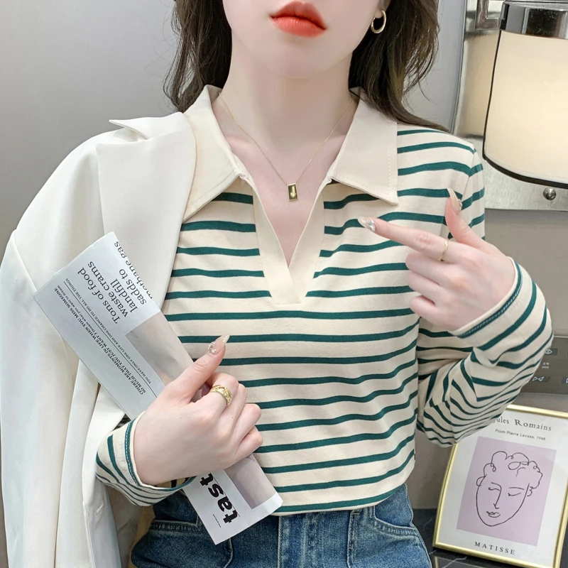 2023纯棉长袖t恤女修身显瘦内搭POLO领打底衫女春秋条纹小衫上衣