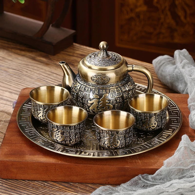 青铜茶具茶壶功夫茶具套装茶盅新中式茶杯具套装中国风仿黄铜