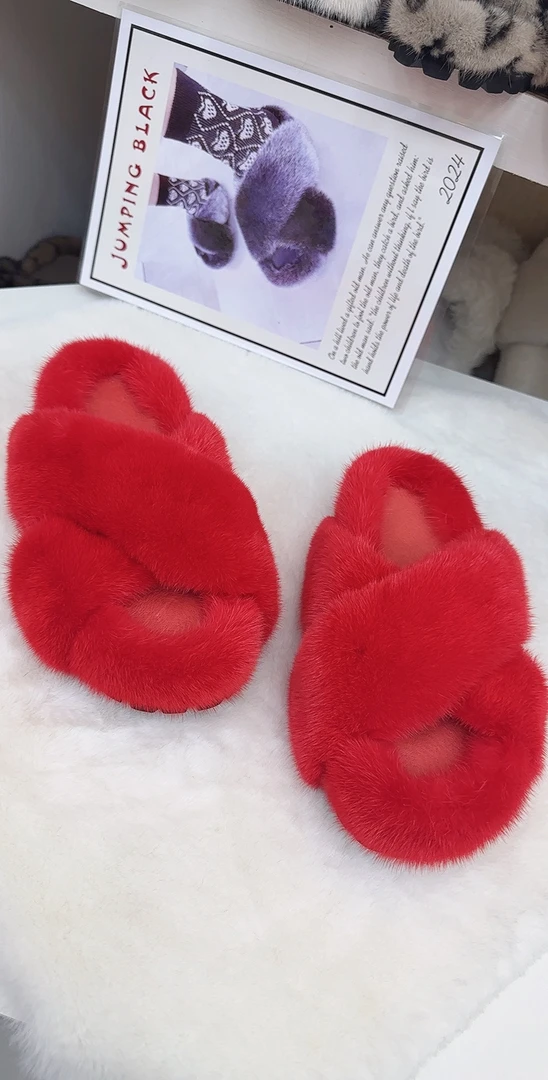 2014新款 红色交叉外包水貂毛高端定制毛毛拖