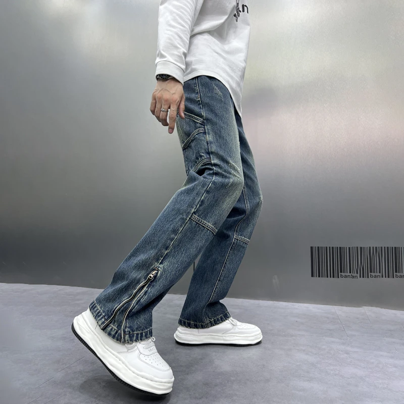 美式复古工装牛仔裤子男士春秋季机能裤hiphop痞帅炸街修身直筒裤