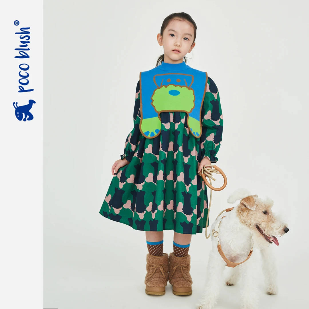 poco blush原创设计小狗米卢马甲长裙春款女童翻领背心两穿连衣裙