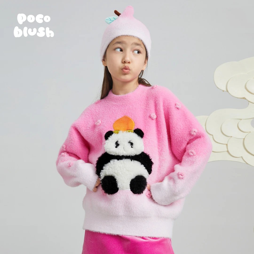 poco blush原创设计熊猫顶桃刺绣渐变针织衫女童新款秋冬宽松毛衣