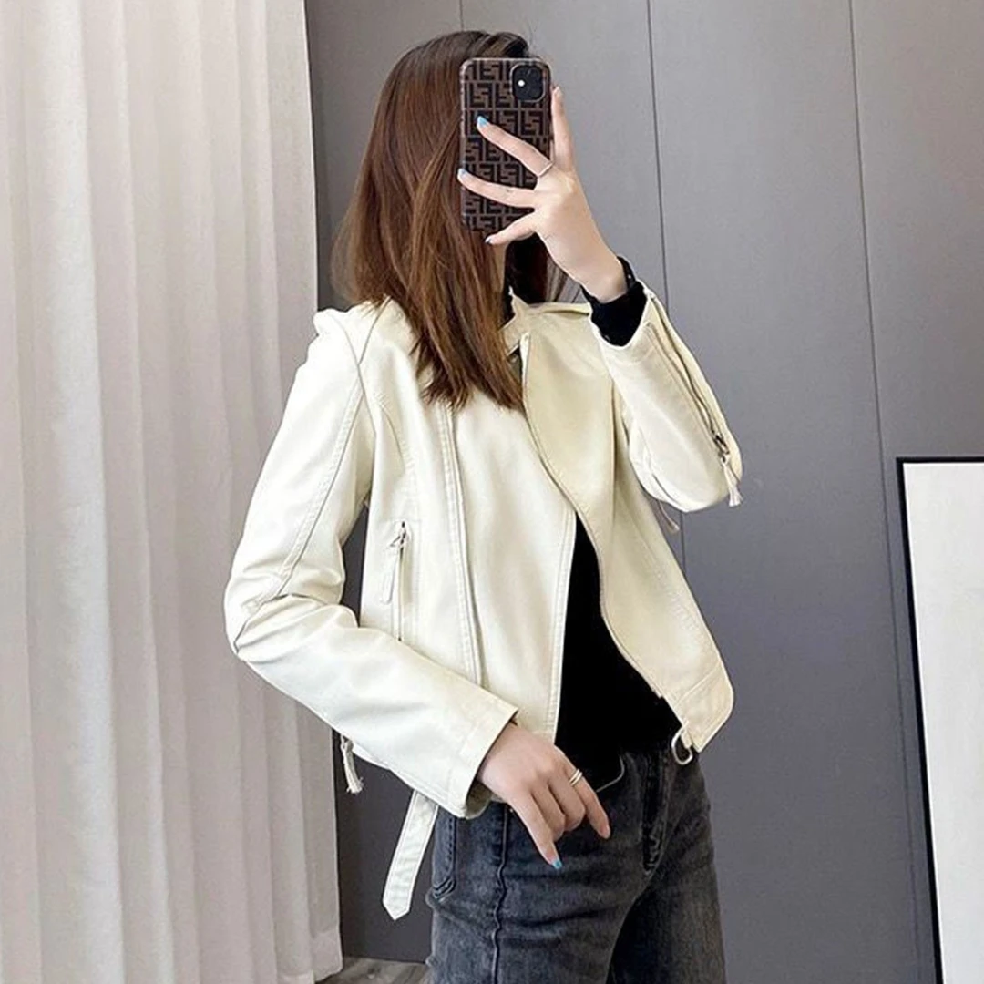 春装皮衣立领皮夹克半圆扣休闲短款修身显瘦时尚中性风拼接小外套