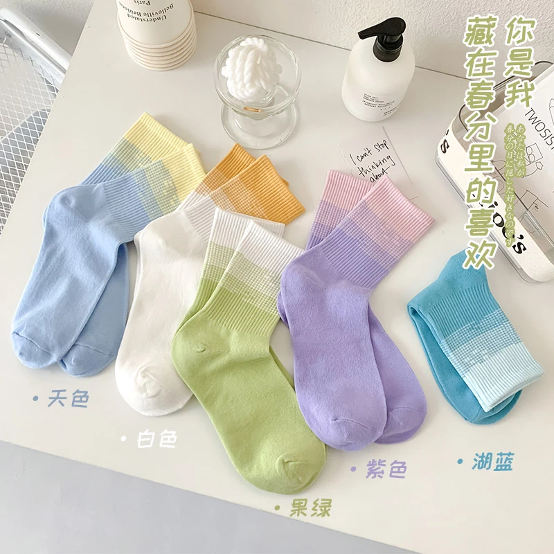 袜子女中筒袜春夏季个性渐变色长袜ins潮薄款奶油冰淇淋袜紫色