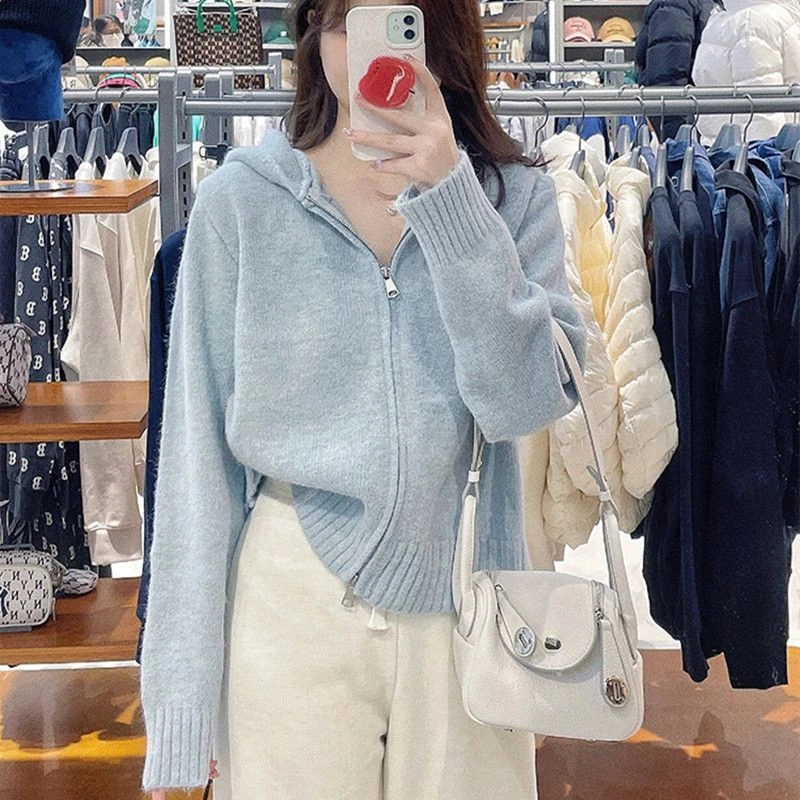 【高品质】慵懒风连帽双拉链毛衣外套女秋季新款针织开衫-A013