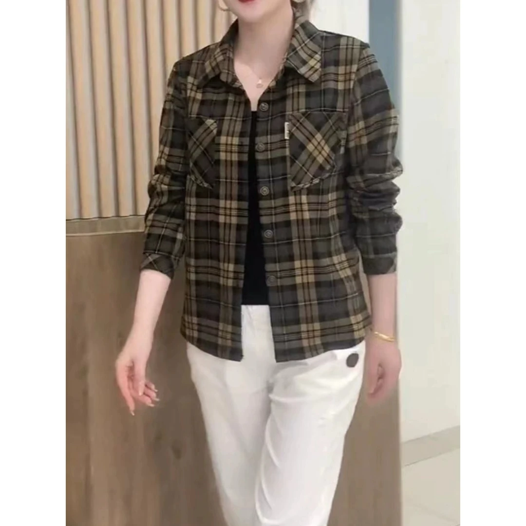 咖色格子衬衫女款高级感衬衣设计感2024春秋新款时尚洋气长袖上衣