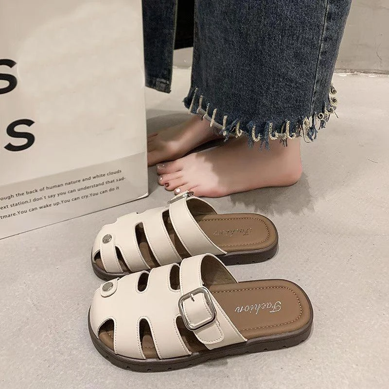 大码半拖鞋41-43女脚胖脚宽夏季2024新款包头凉鞋女外穿平底凉拖