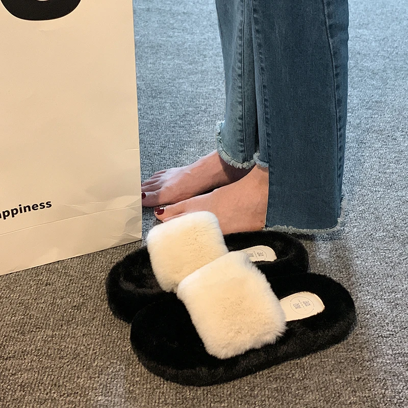 大码女鞋41-43胖脚宽肥鞋子春秋2024新款棉拖女外穿厚底毛毛拖鞋