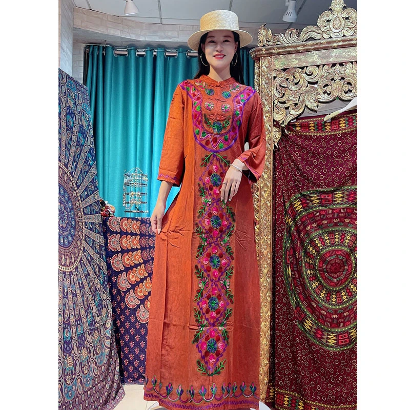 卡雅家中东阿富汗长袍宽松大码休闲手工扎染蜡染刺绣长袖连衣裙