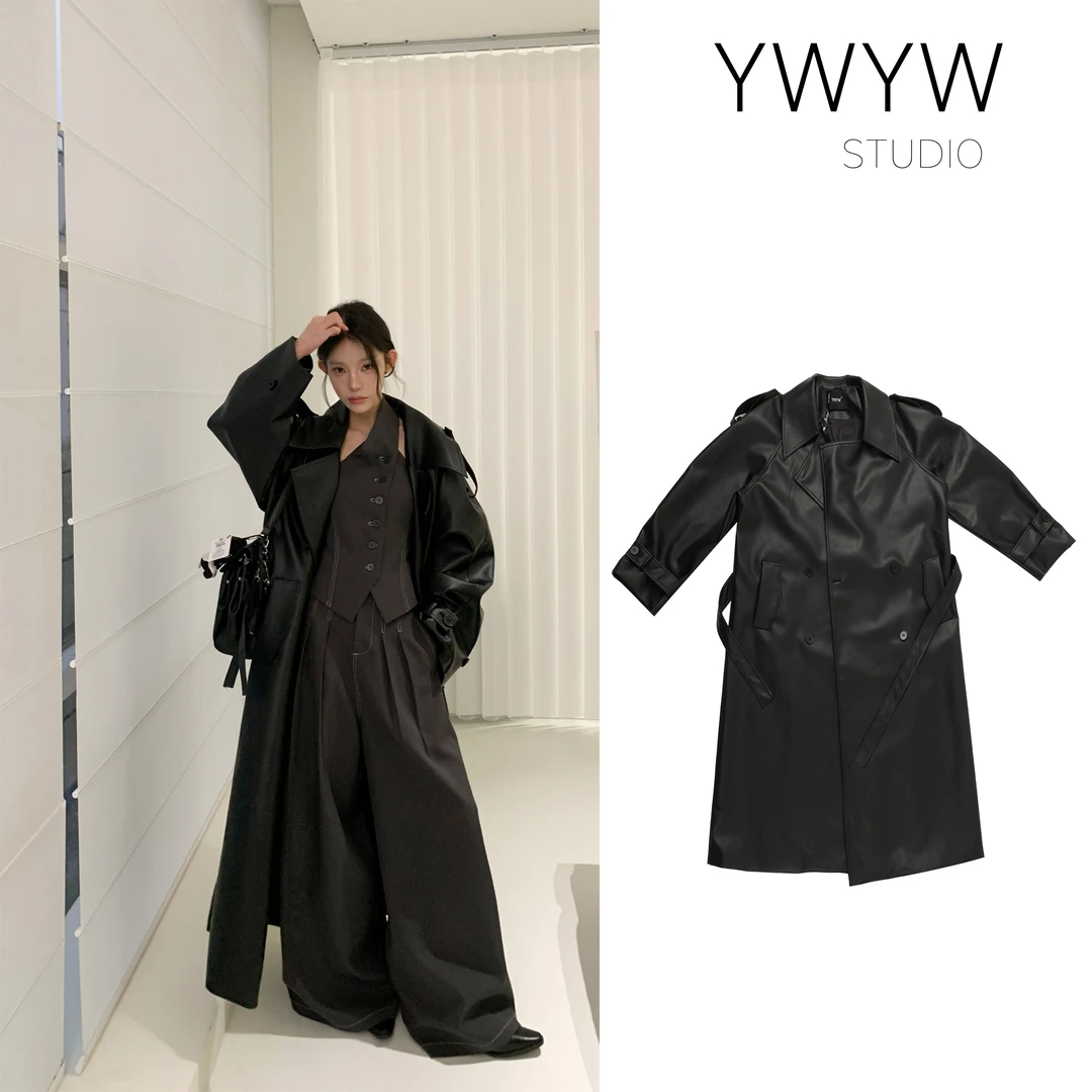 【YWYW24F/W】ins风博主感 高定宽松防风黑色长款皮大衣 3178