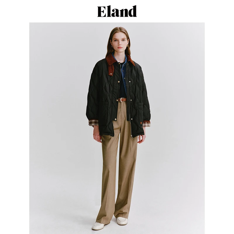 【女装优选WL】Eland衣恋翻领绗缝羽绒服阔版复古厚外套EEJDE11R08