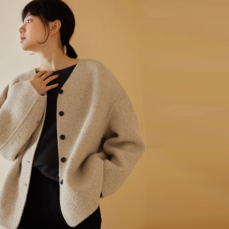 【女装优选WL】哈齿小姐肌理感宽松显瘦V领双面呢外套20ZZ2409654D