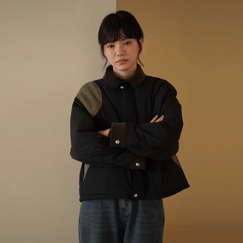 【女装优选QC】哈齿小姐撞色拼接翻领宽松棉服保暖外套20ZZ2409701W