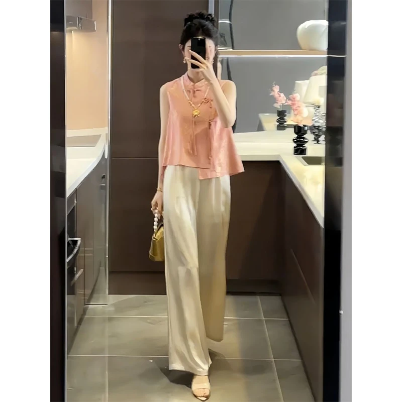 高级感复古盘扣立领无袖套装夏季2024新款新中式垂感阔腿裤两件套