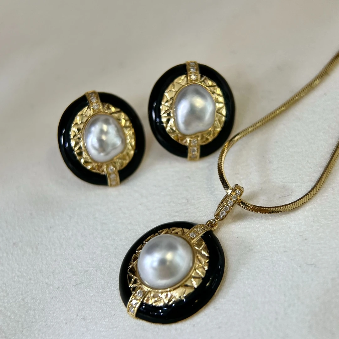 【青栀】·孤品·复古风澳白keshi吊坠耳钉黑玛瑙18k金钻石中古系列