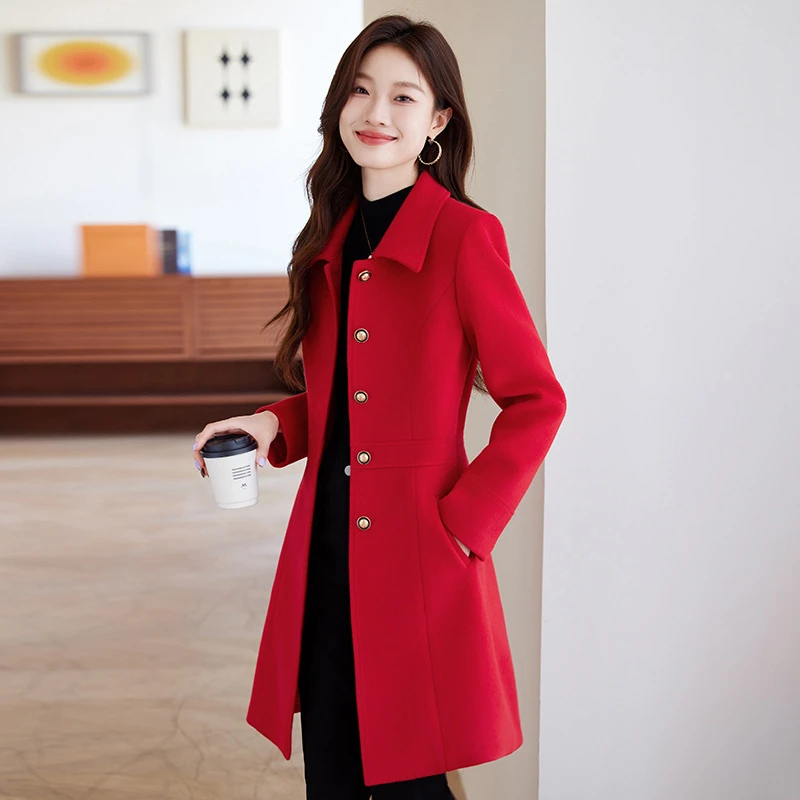 红色西装大衣女秋冬高级感2024新款职业装加厚工作服毛呢外套