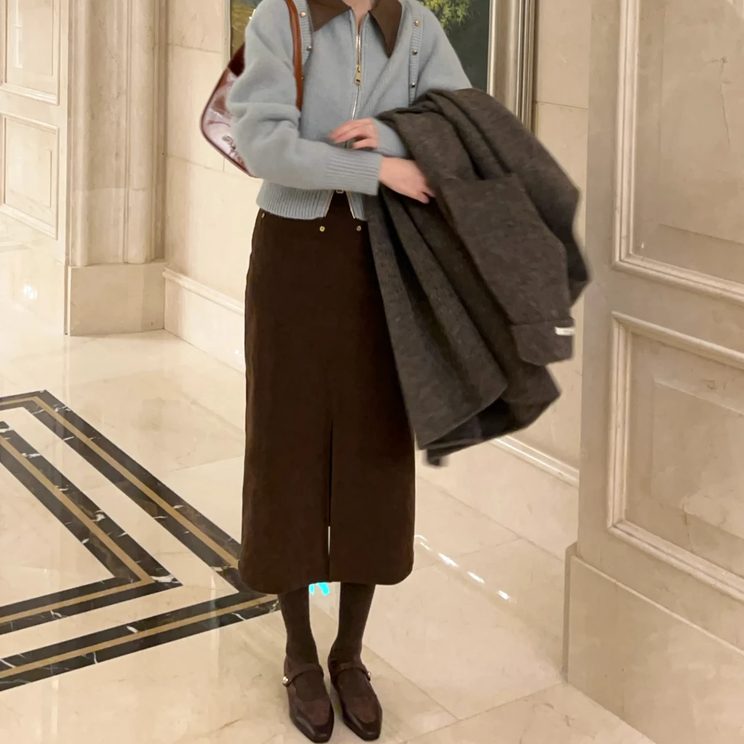 【芝士Cheese】老钱东京 复古时尚气质灯芯绒半身裙直筒开叉长裙