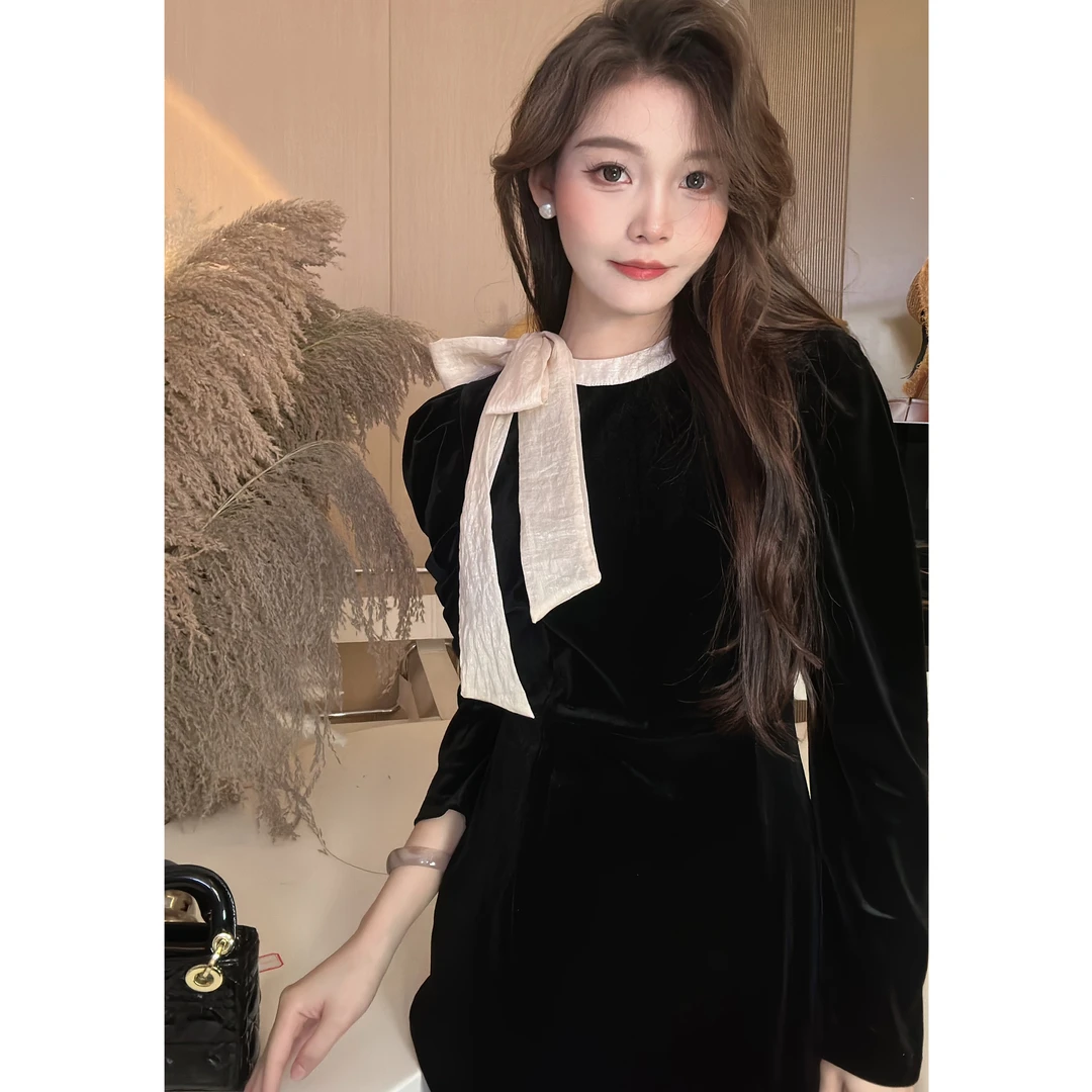 【大钱DAQIAN】烛光探戈丝绒连衣裙名媛长款小香风长袖小黑裙时尚