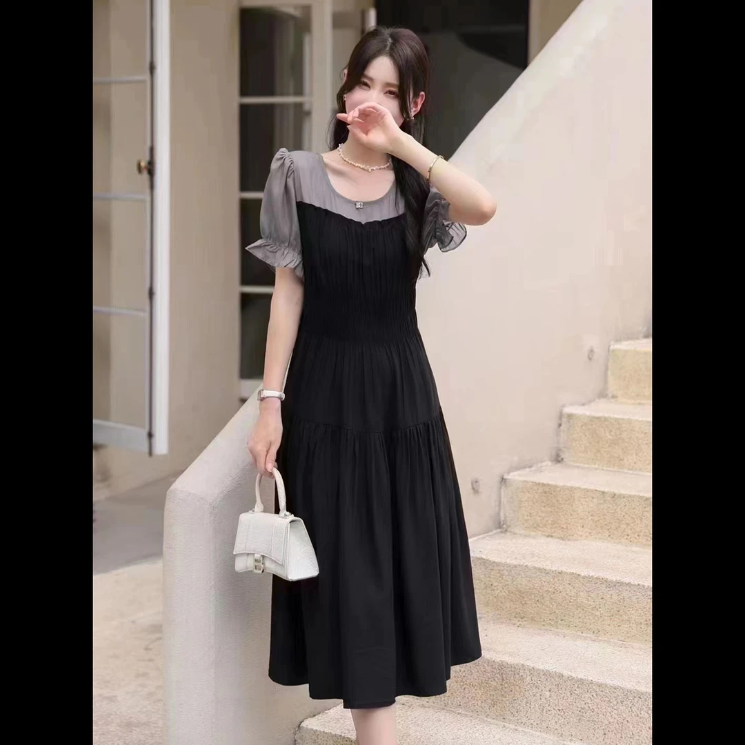 夏季时尚潮款纱料配铜氨丝料假两件连衣裙