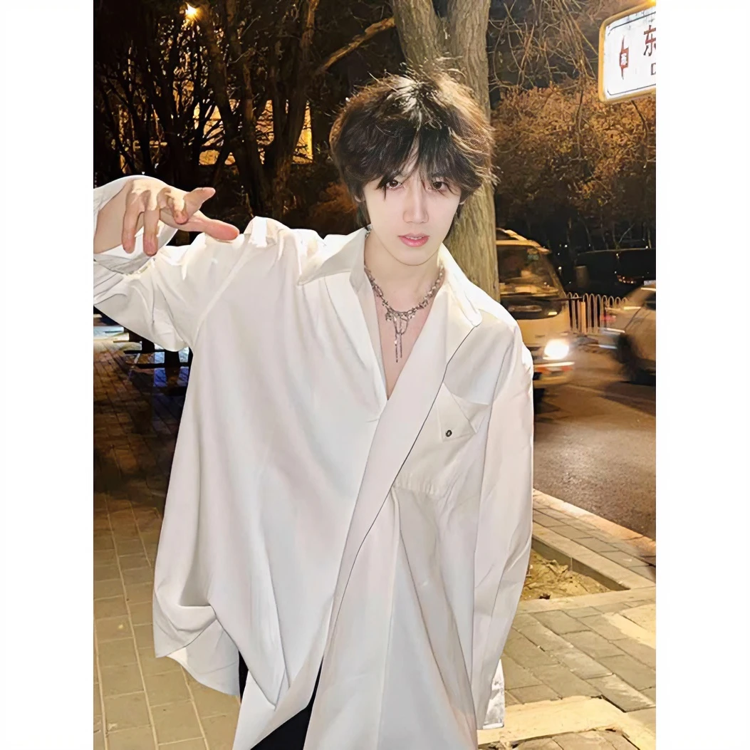 夏季白色冰丝衬衫男潮牌垂感高级感痞帅那不勒斯衬衣英伦雅痞男装