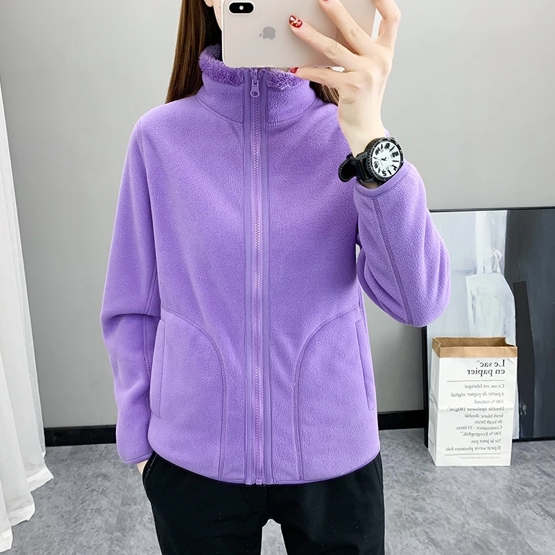 户外立领抓绒衣女上衣双面穿外套加绒加厚保暖开衫冲锋衣内胆女