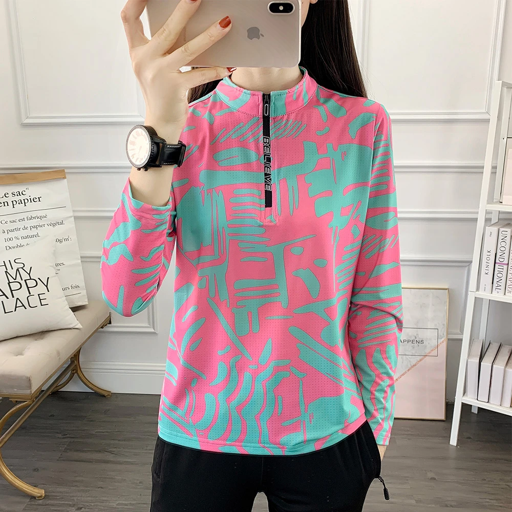 户外花色速干衣女长袖T恤上衣运动透气修身显瘦跑步徒步快干衣女