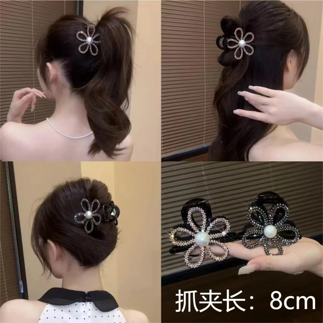 高级感韩版轻奢闪钻镂空花朵抓夹后脑勺盘发鲨鱼夹高马尾时尚发饰